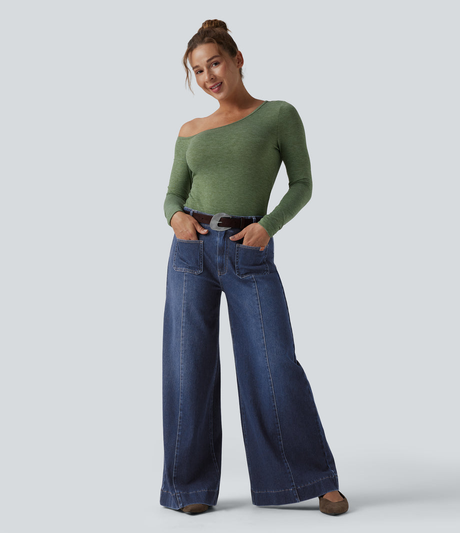 Halara Flex™ High Waisted Pockets Washed Casual Wide Leg Jeans - Estate Blue Denim