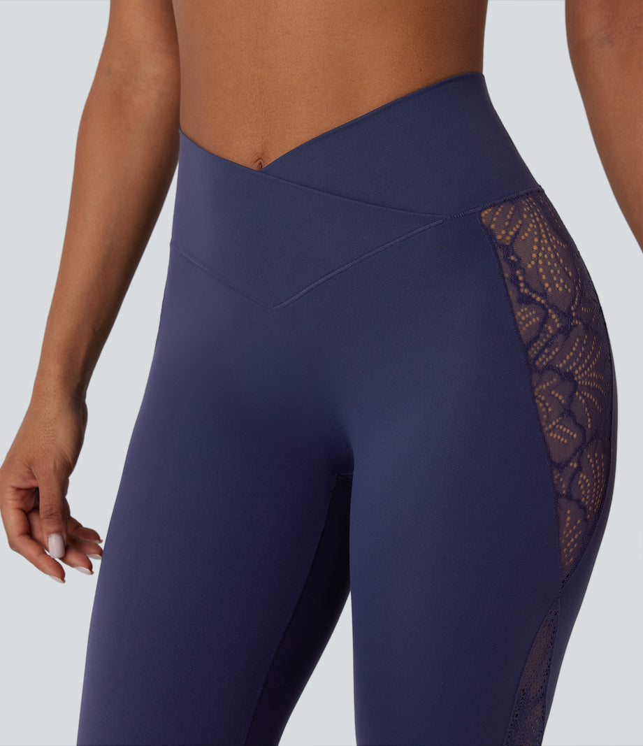 SoftlyZero™ High Waisted Crossover Contrast Lace Pocket Yoga Leggings-UPF50+ - Peacoat