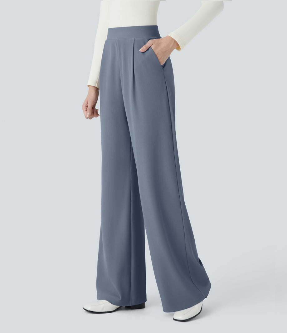 Halara Flex™ High Waisted Body Sculpt Waist-Slimming Pocket Wide Leg Micro Waffle Work Pants - Deep Sea Gray Blue