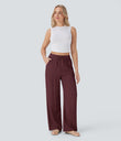 High Waisted Drawstring Pocket Wide Leg Baggy Casual Linen-Feel Pants - Zinfandel