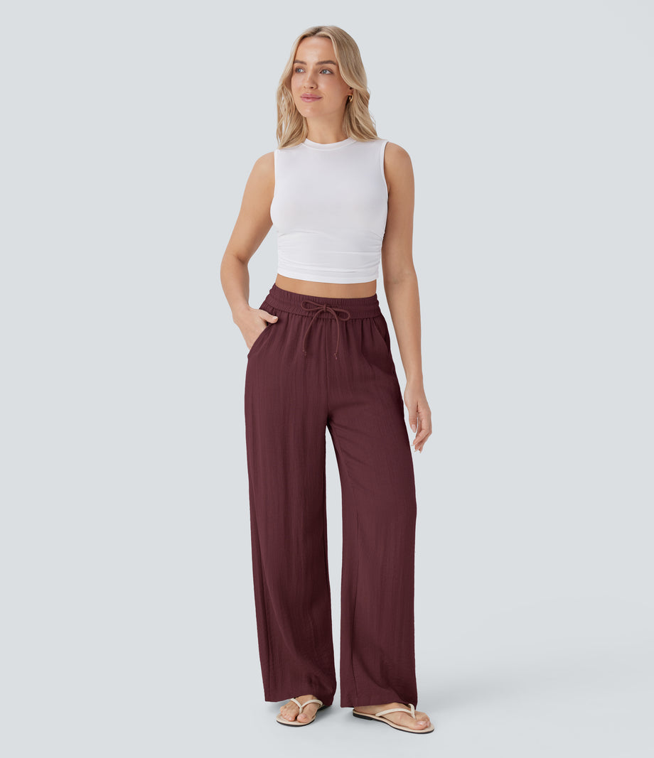 High Waisted Drawstring Pocket Wide Leg Baggy Casual Linen-Feel Pants - Zinfandel