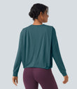 Round Neck Long Sleeve Ruched Yoga Sports Top-UPF50+ - Hydro