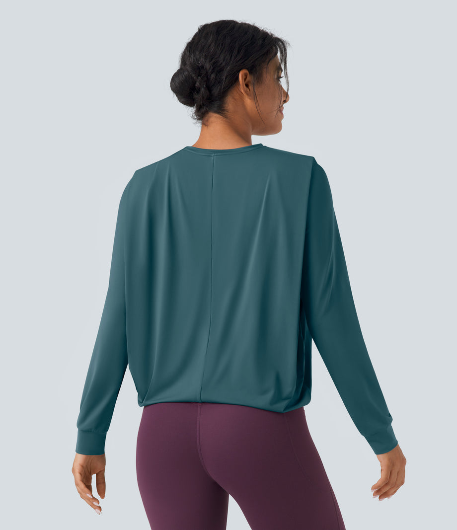 Round Neck Long Sleeve Ruched Yoga Sports Top-UPF50+ - Hydro