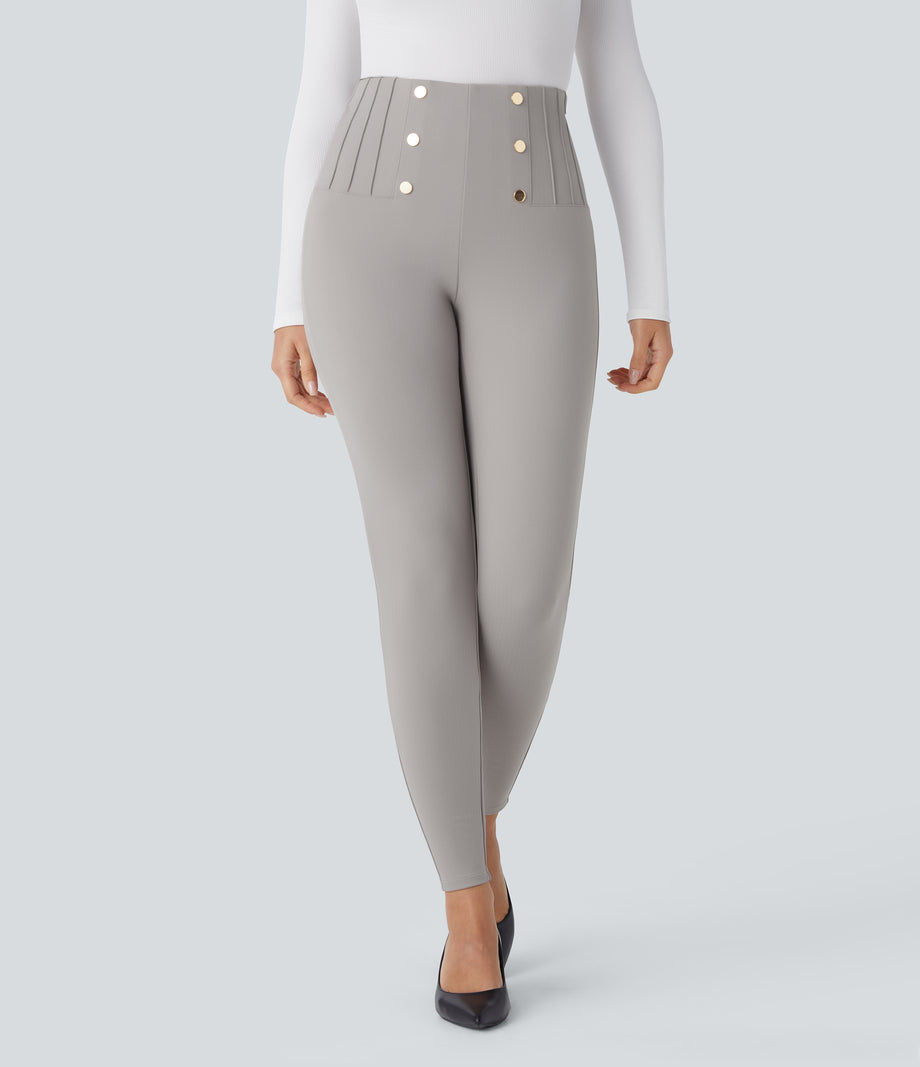 High Waisted Tummy Control Decorative Back Zipper Pockets Herringbone Work Leggings - Mink Ash