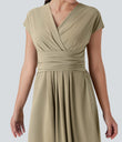 Breezeful™ V Neck Short Sleeve Pocket Tie Back Quick Dry Midi Casual Dress - Fields of Rye