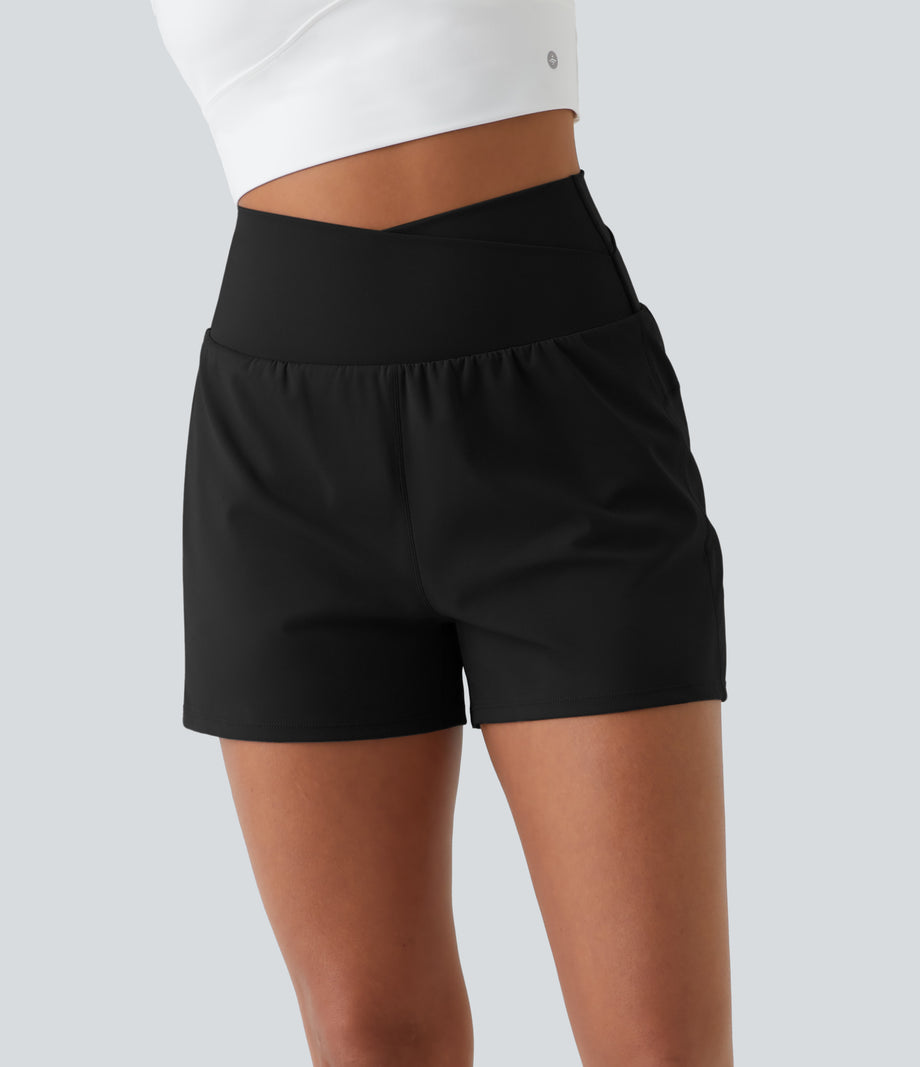 High Waisted Crossover Pocket 2-in-1 Casual Shorts - Black