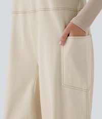 Halara Flex™ V Neck Pocket Washed Denim Casual Overalls - Khaki White Denim