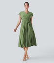 Breezeful™ V Neck Short Sleeve Pocket Tie Back Quick Dry Midi Casual Dress - Hot Wasabi - Green