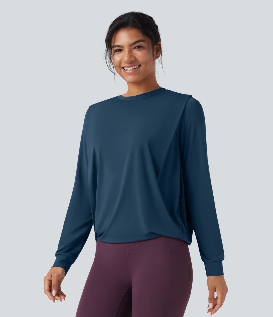 Round Neck Long Sleeve Ruched Yoga Sports Top-UPF50+ - Majolica Blue