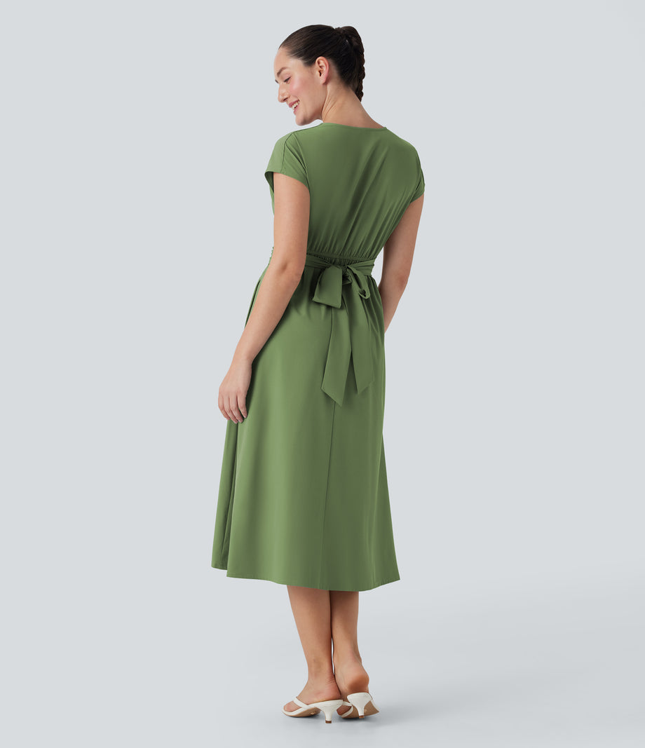 Breezeful™ V Neck Short Sleeve Pocket Tie Back Quick Dry Midi Casual Dress - Hot Wasabi - Green