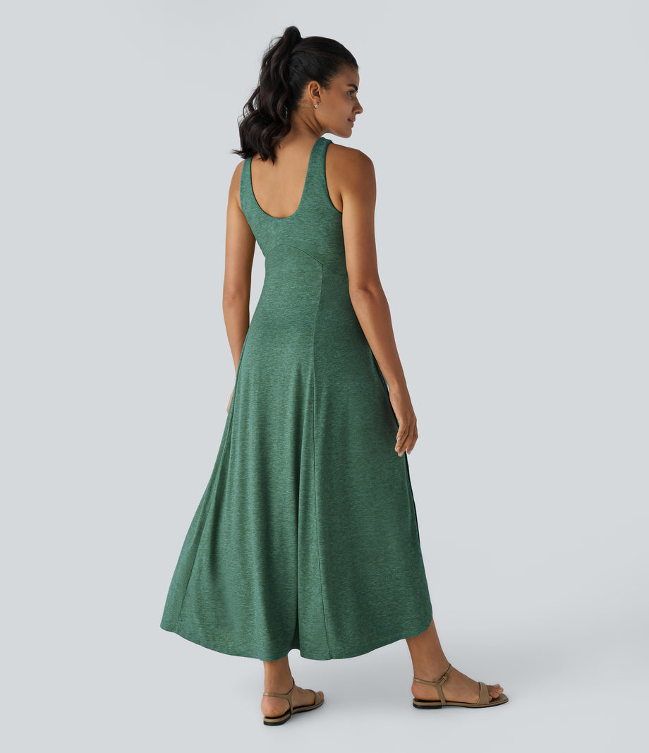 U Neck Flowy Maxi Casual Tank Dress - Dark Green Floral Yarn
