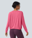 Round Neck Long Sleeve Ruched Yoga Sports Top-UPF50+ - Pink Lemonade