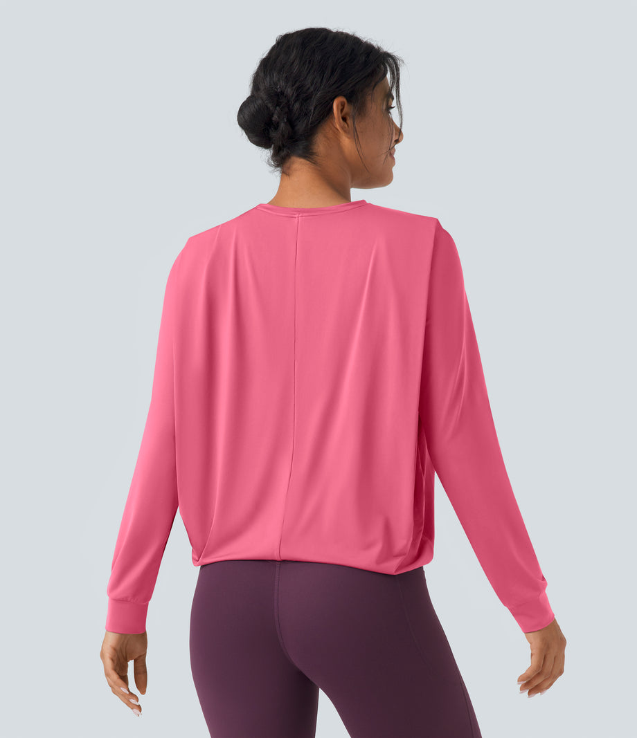Round Neck Long Sleeve Ruched Yoga Sports Top-UPF50+ - Pink Lemonade
