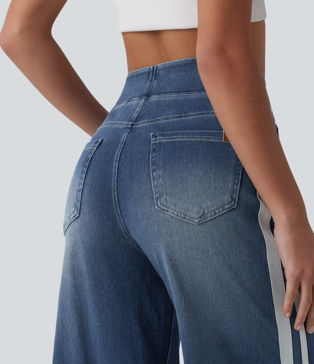 Halara Flex™ High Waisted Stripe Wide Leg Flowy Washed Casual Jeans with Pockets - Tide Blue Denim