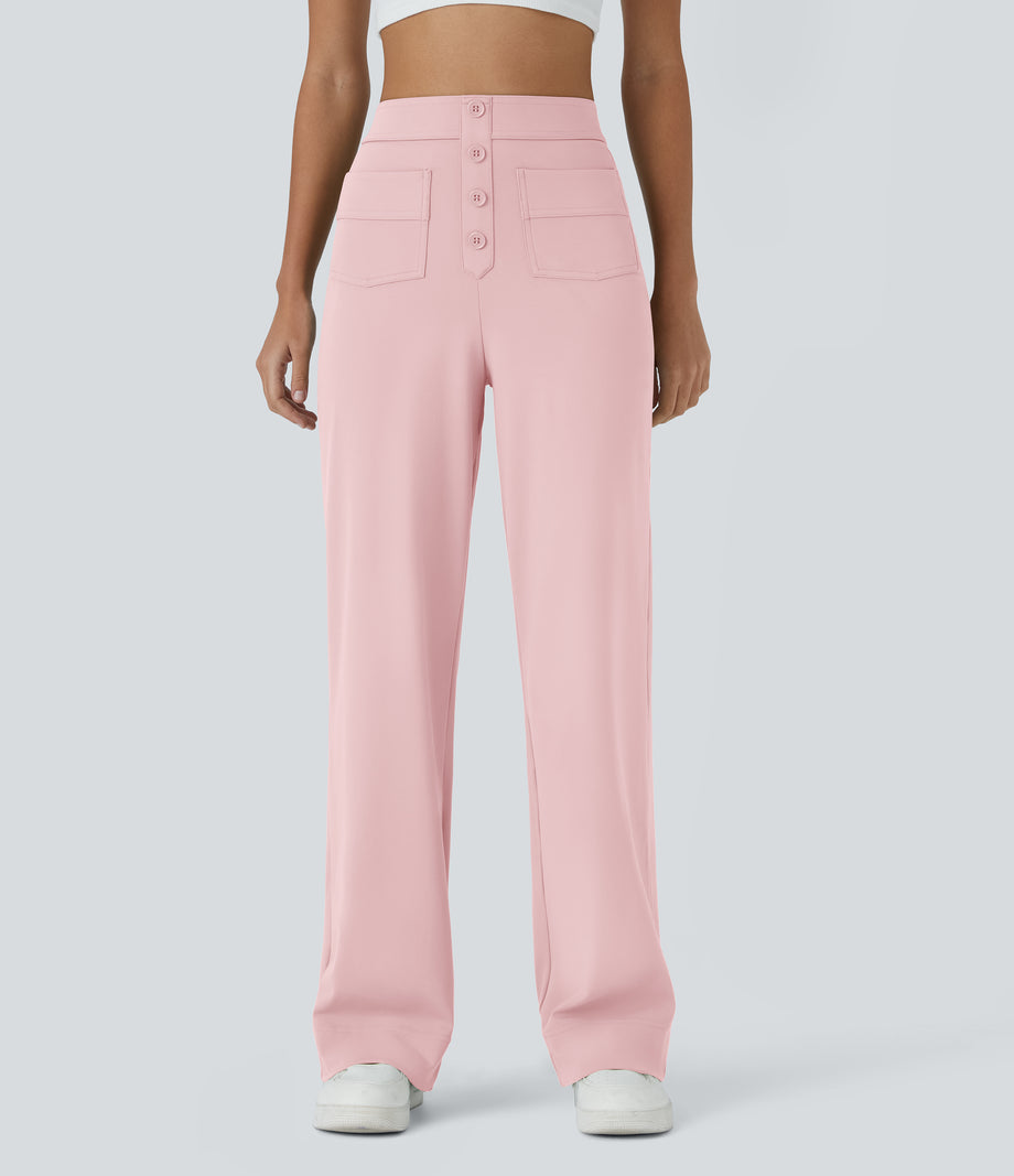 DayStretch High Waisted Pockets Straight Leg Casual Pants - Primrose Pink