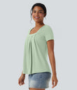 Square Neck Short Sleeve Casual Top - Spray