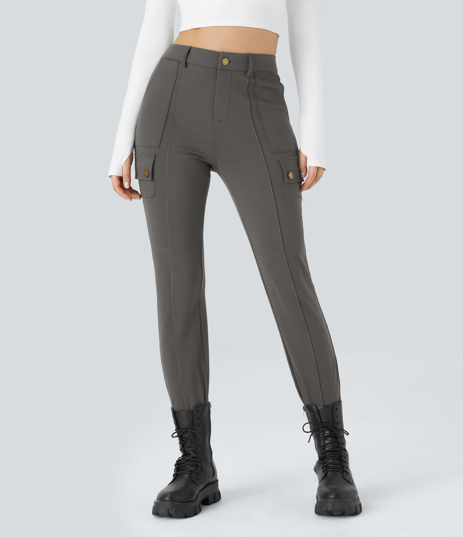 DayStretch High Waisted Zipper Pockets Solid Skinny Cargo Pants - Deep Red Grey