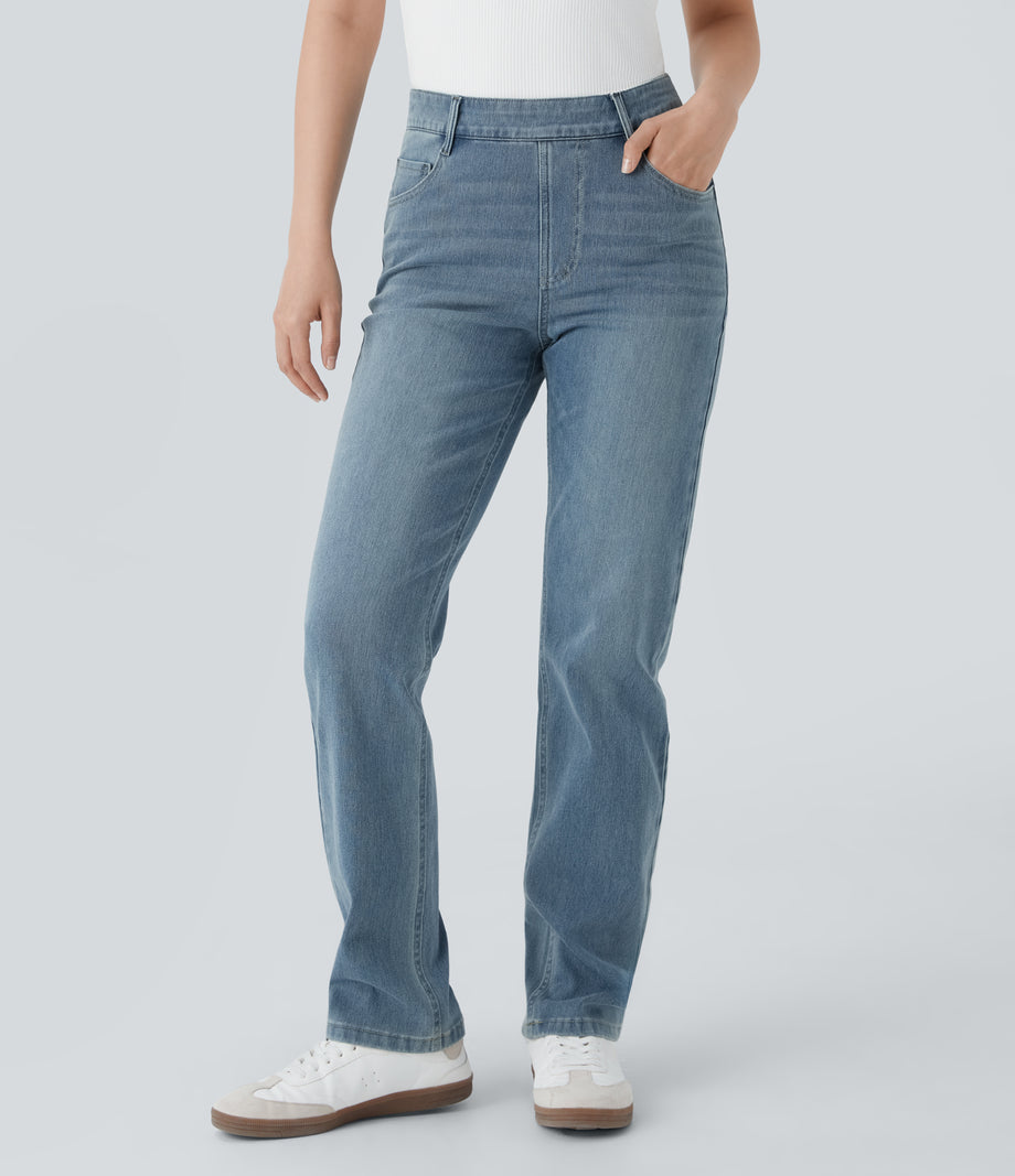 Halara Flex™ High Waisted Pockets Straight Leg Washed Casual Jeans - Cedar Blue Denim