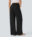 High Waisted Drawstring Pocket Wide Leg Baggy Casual Linen-Feel Pants - Black