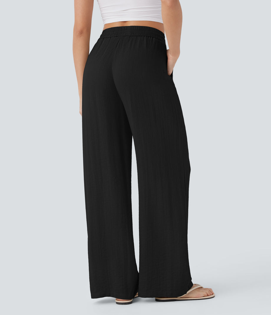 High Waisted Drawstring Pocket Wide Leg Baggy Casual Linen-Feel Pants - Black