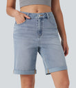Halara Flex™ High Waisted Pockets Rolled Hem Washed Denim Casual Bermuda Shorts - Malibu Blue Denim