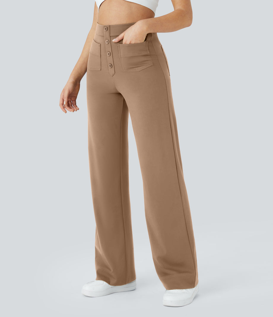 DayStretch High Waisted Pockets Straight Leg Casual Pants - Burro
