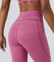 High Waisted Drawstring Striped Yoga Leggings with Pockets - Berry Stripe
