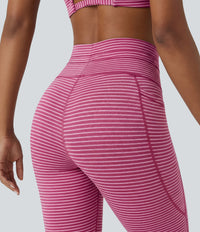 High Waisted Drawstring Striped Yoga Leggings with Pockets - Berry Stripe