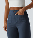 High Waisted Straight Leg Casual Linen-Feel Pants with Pockets - Deep Secluded Blue