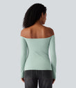 Ribbed Knit Off Shoulder Long Sleeve 2-in-1 Casual Top - Crow Green