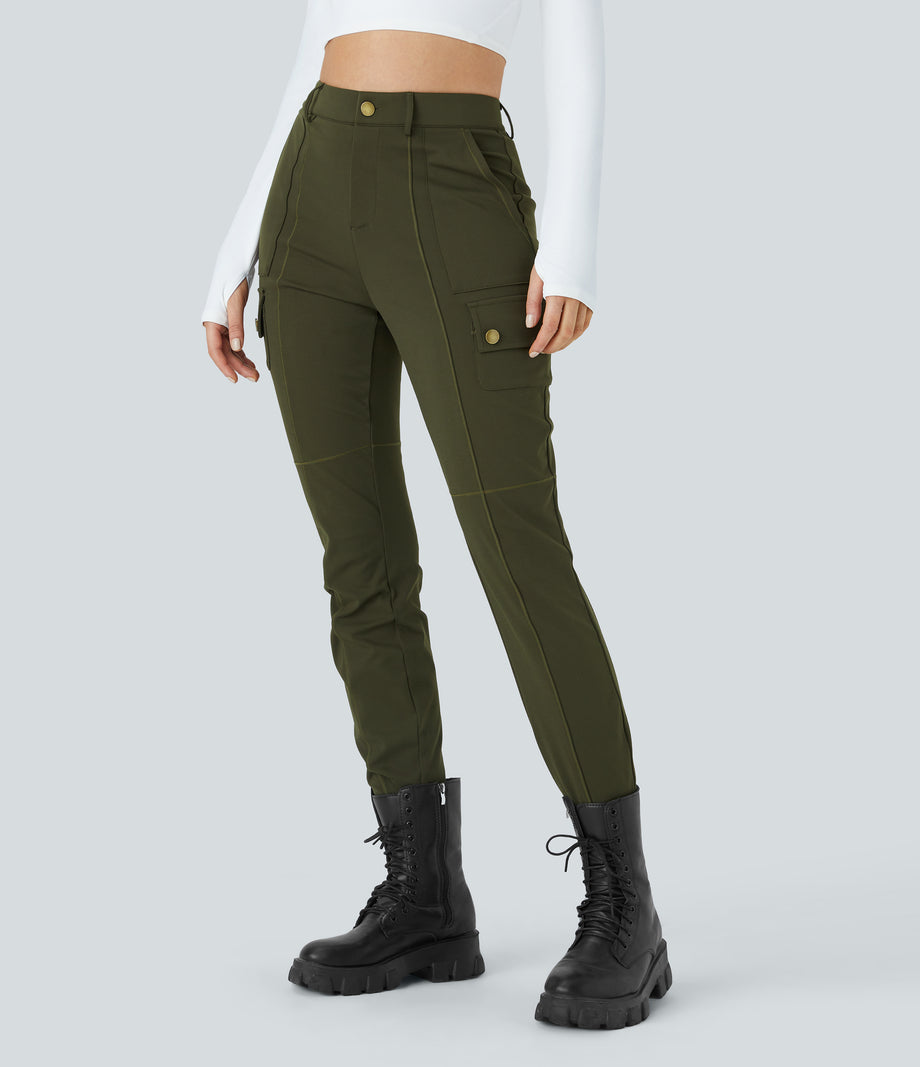 DayStretch High Waisted Zipper Pockets Solid Skinny Cargo Pants - Forest Night