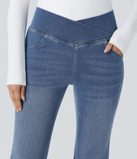 Halara Flex™ High Waisted Crossover Pocket Washed Casual Flare Jeans - Mayan Blue Denim