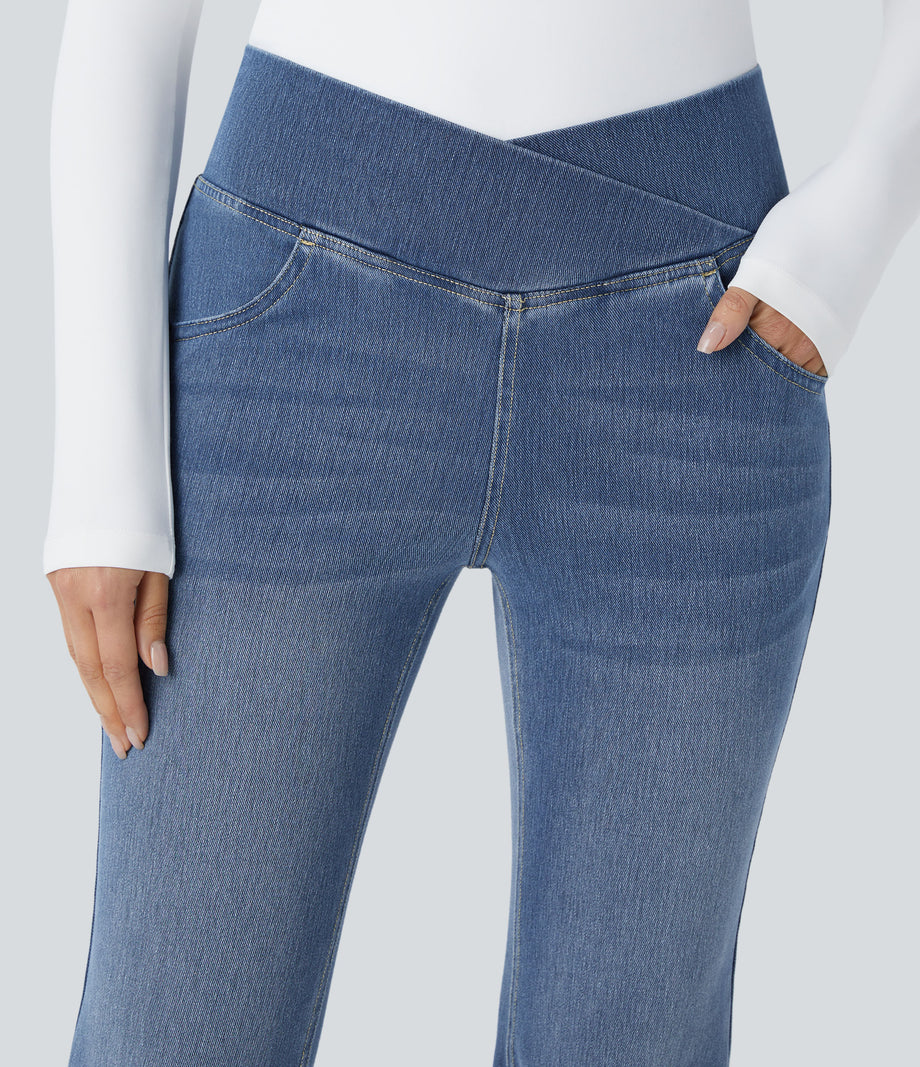 Halara Flex™ High Waisted Crossover Pocket Washed Casual Flare Jeans - Mayan Blue Denim