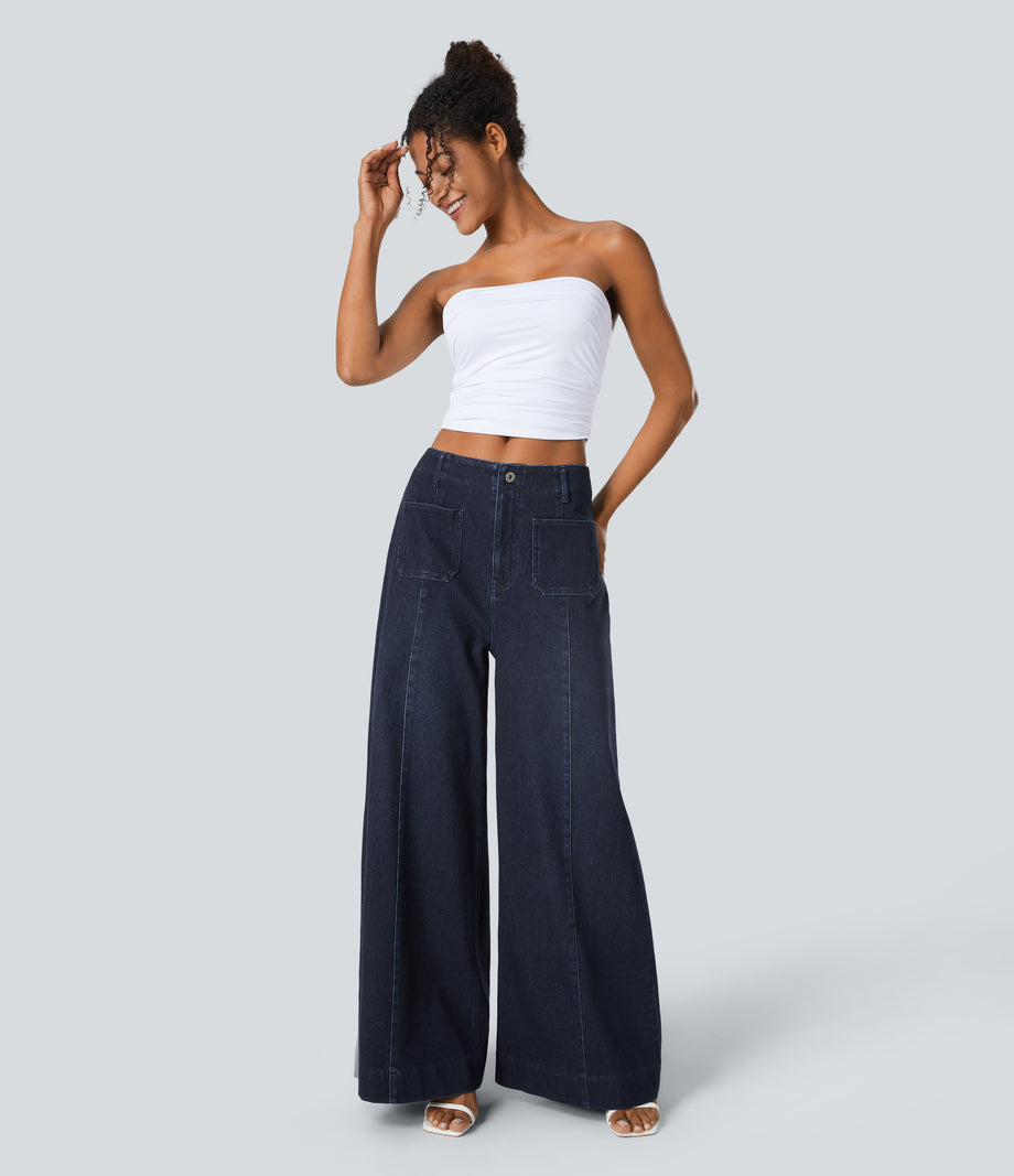Halara Flex™ High Waisted Pockets Washed Casual Wide Leg Jeans - Deep Blue Water Denim
