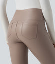 High Waisted Tummy Control Stretchy PU Fleece 7/8 Skinny Casual Leggings with Pockets - Sinopia Fresco
