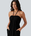 Halter Tie Back Maxi Dress with Pockets - Black