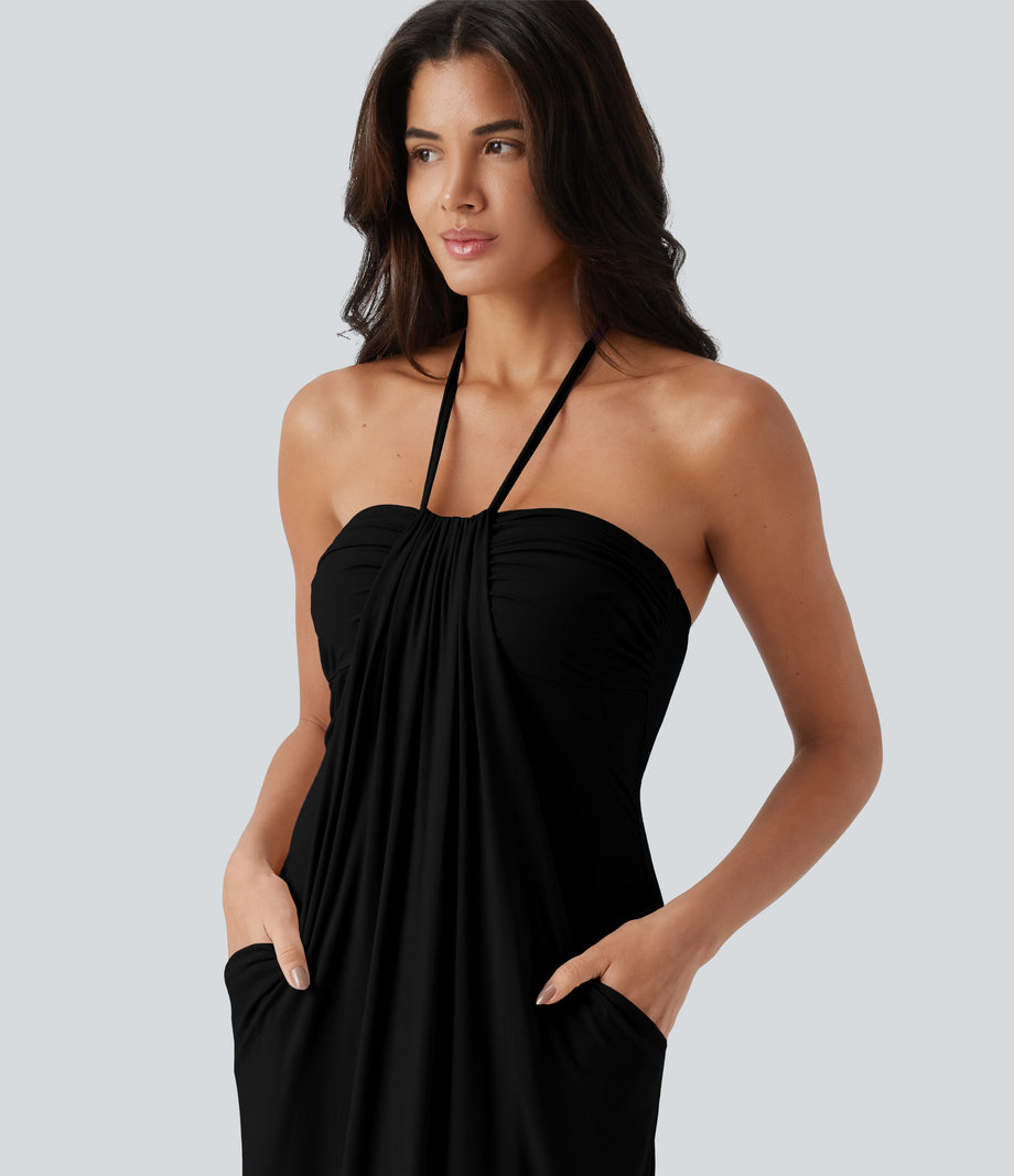 Halter Tie Back Maxi Dress with Pockets - Black