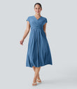 Breezeful™ V Neck Short Sleeve Pocket Tie Back Quick Dry Midi Casual Dress - Pacific Coast