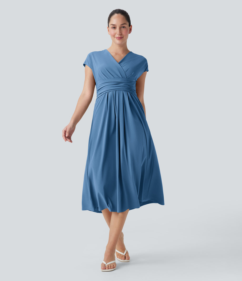 Breezeful™ V Neck Short Sleeve Pocket Tie Back Quick Dry Midi Casual Dress - Pacific Coast