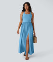 Twisted Backless Split Flowy Maxi Resort Dress with Pockets - Clear Coast Blue