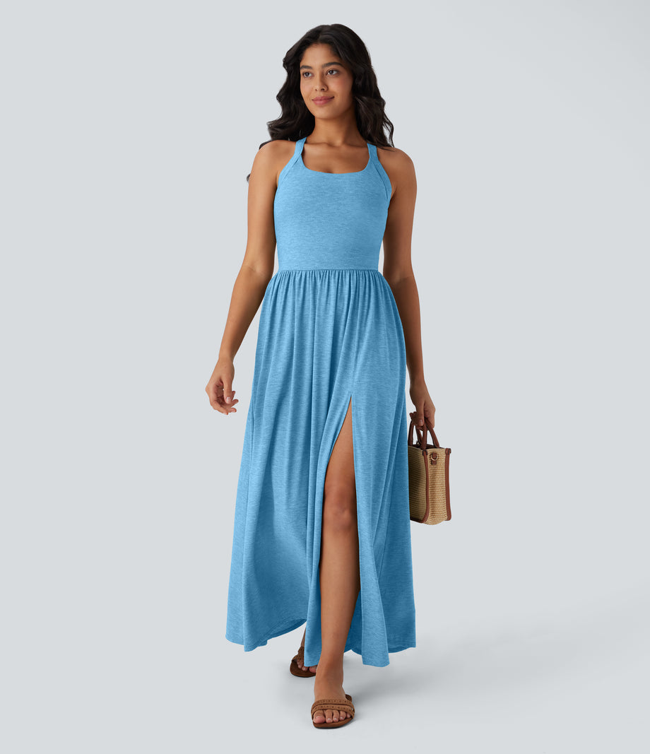 Twisted Backless Split Flowy Maxi Resort Dress with Pockets - Clear Coast Blue