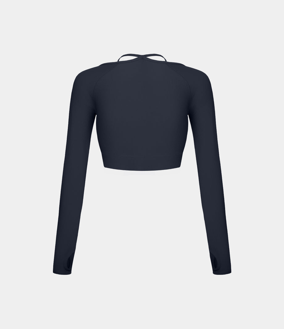 Ribbed Halter Strap Thumb Hole Cropped Yoga Sports Top - Navy Blazer