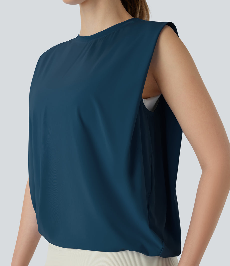 Round Neck Ruched Cool Touch Yoga Tank Top-UPF50+ - Majolica Blue