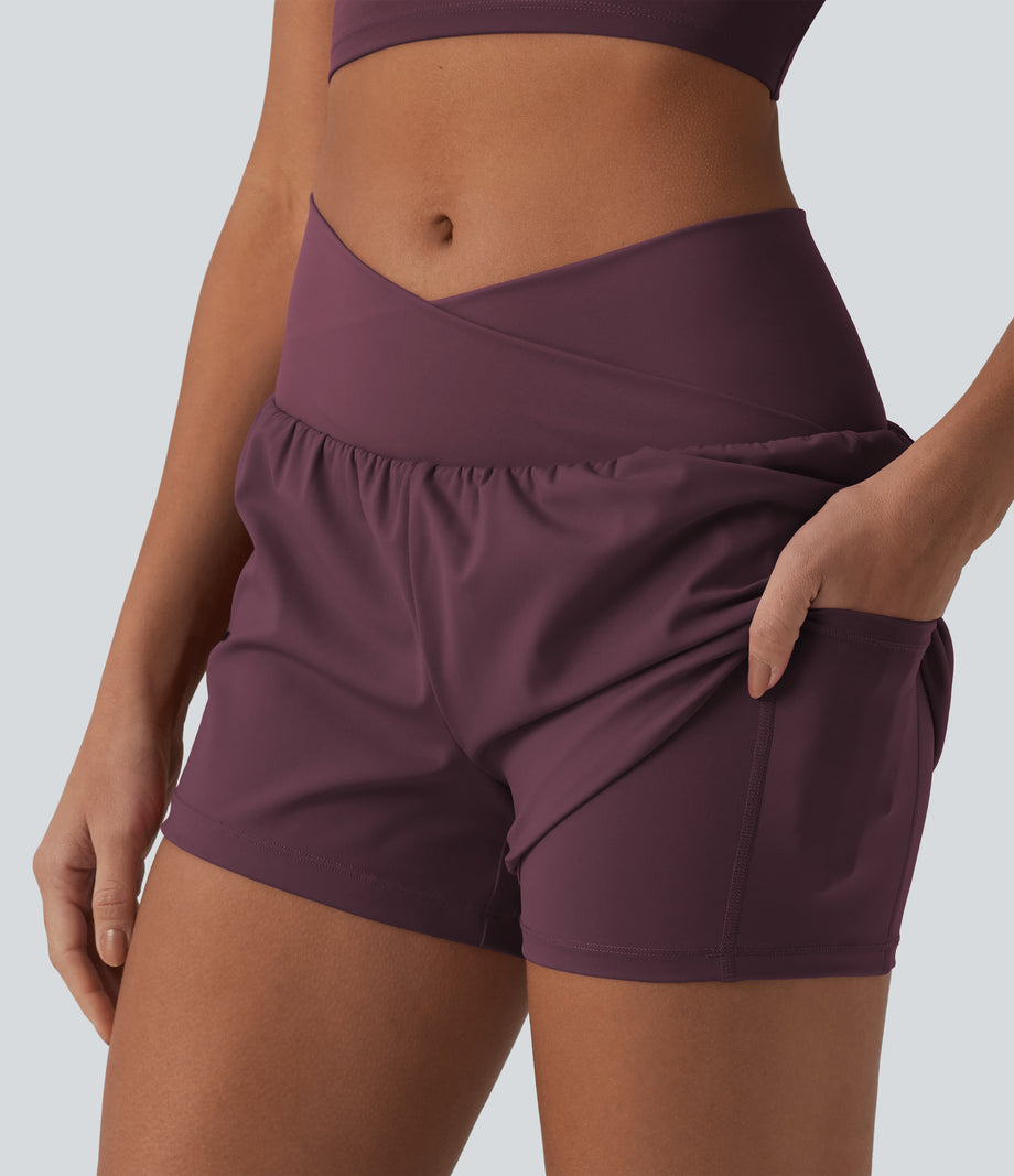 SoftlyZero™ Airy Crossover High Waisted 2-in-1 Cool Touch Yoga Shorts 3'' with Pockets - Fig
