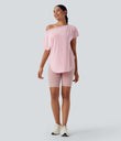 One Shoulder Short Sleeve Curved Hem High Low Quick Dry Yoga Sports Top - Pale Lilac