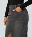 Halara Flex™ High Waisted Pockets Bodycon Washed Denim Casual Midi Skirt - Charcoal Black Denim