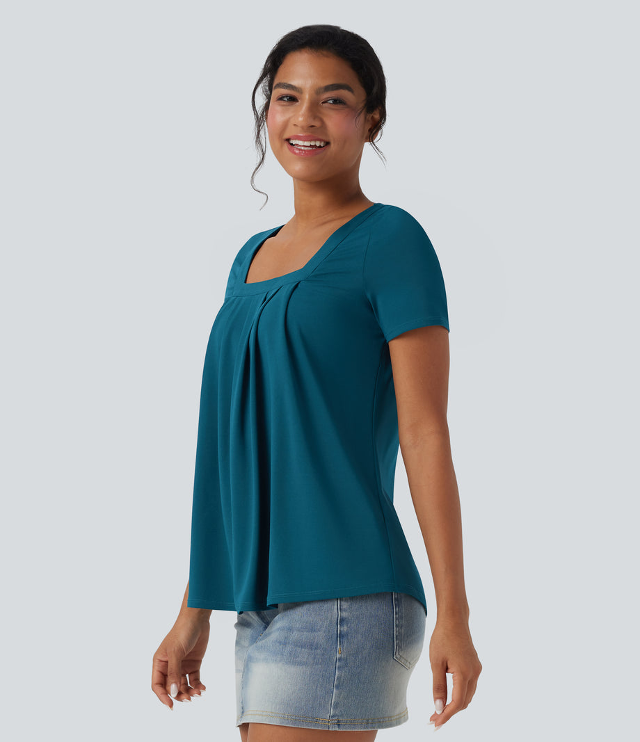 Square Neck Short Sleeve Casual Top - Crystal Teal