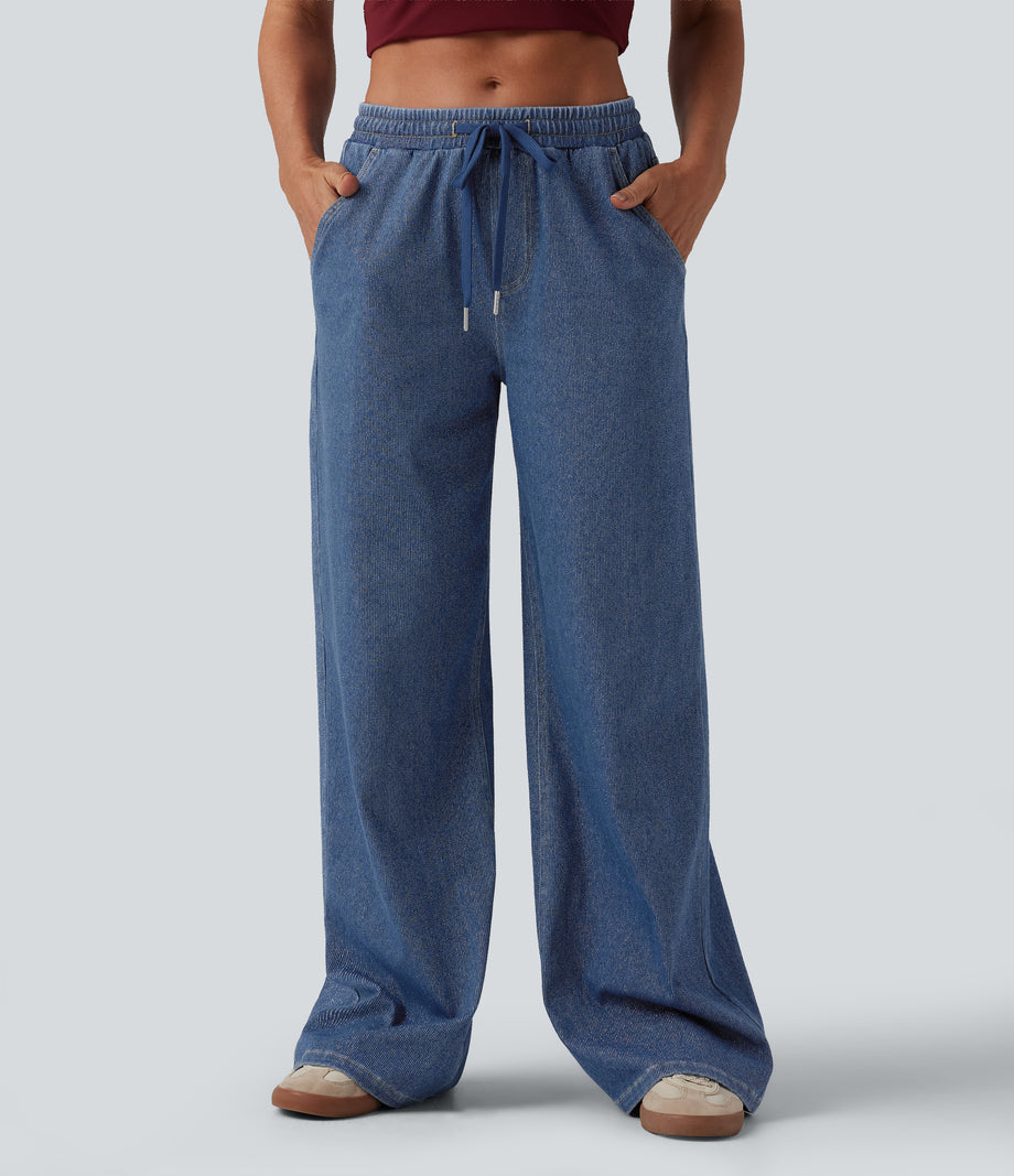 Halara Flex™ Low Rise Drawstring Wide Leg Sparkle Casual Sweatpants Jeans with Pockets -  Blue Jasper Denim