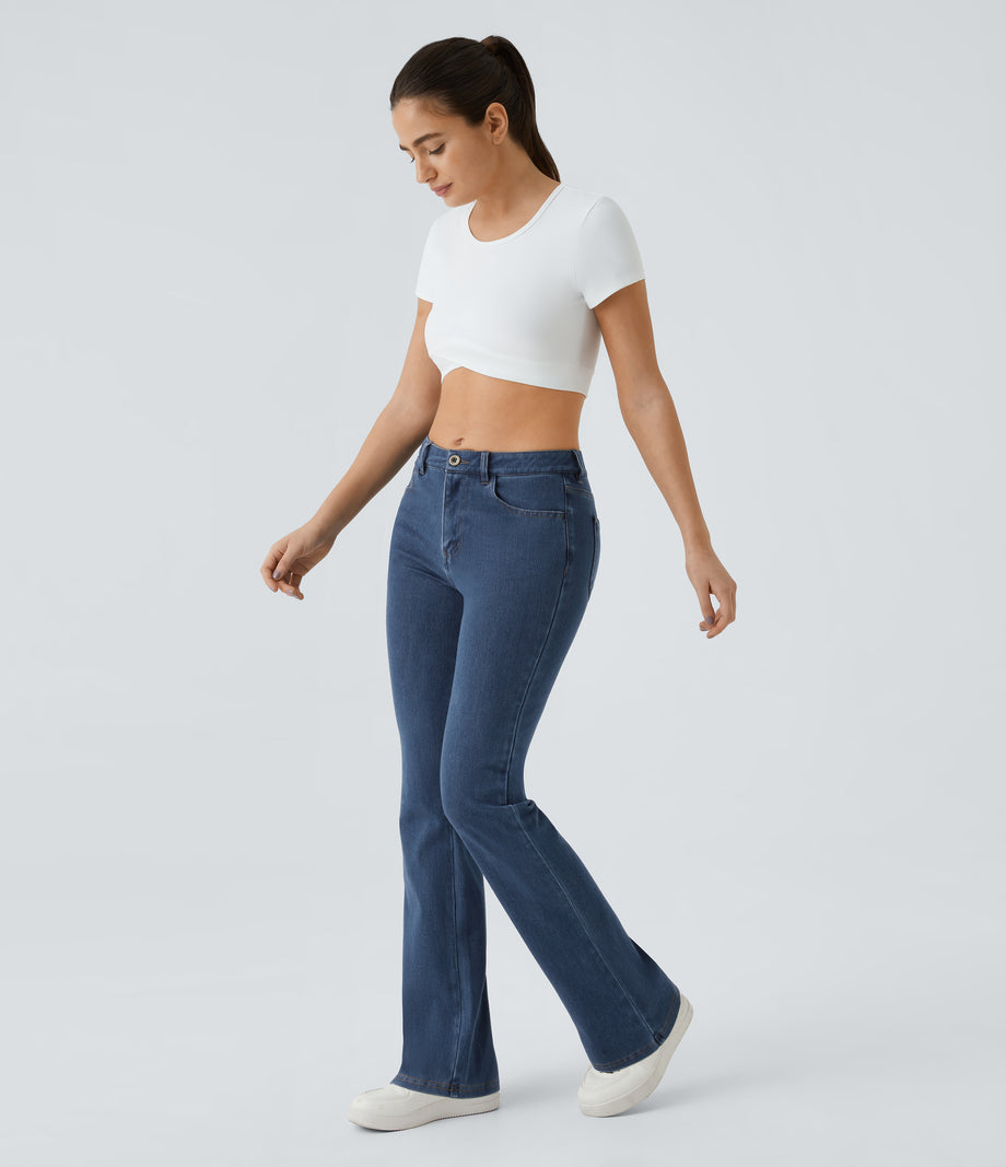 Halara Flex™ Mid Rise Pockets Casual Bootcut Jeans - Washed Denim Bleached Blue