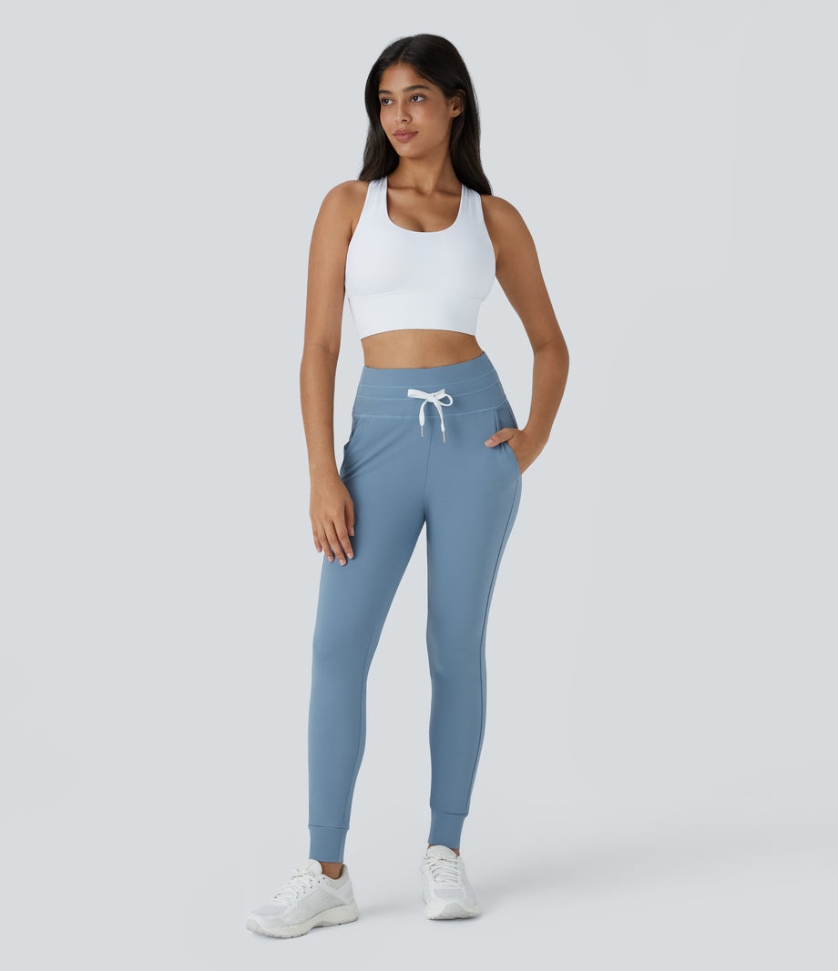 SoftlyZero™ Plush High Waisted Drawstring Pocket Plain Full Length Joggers - Grey Blue